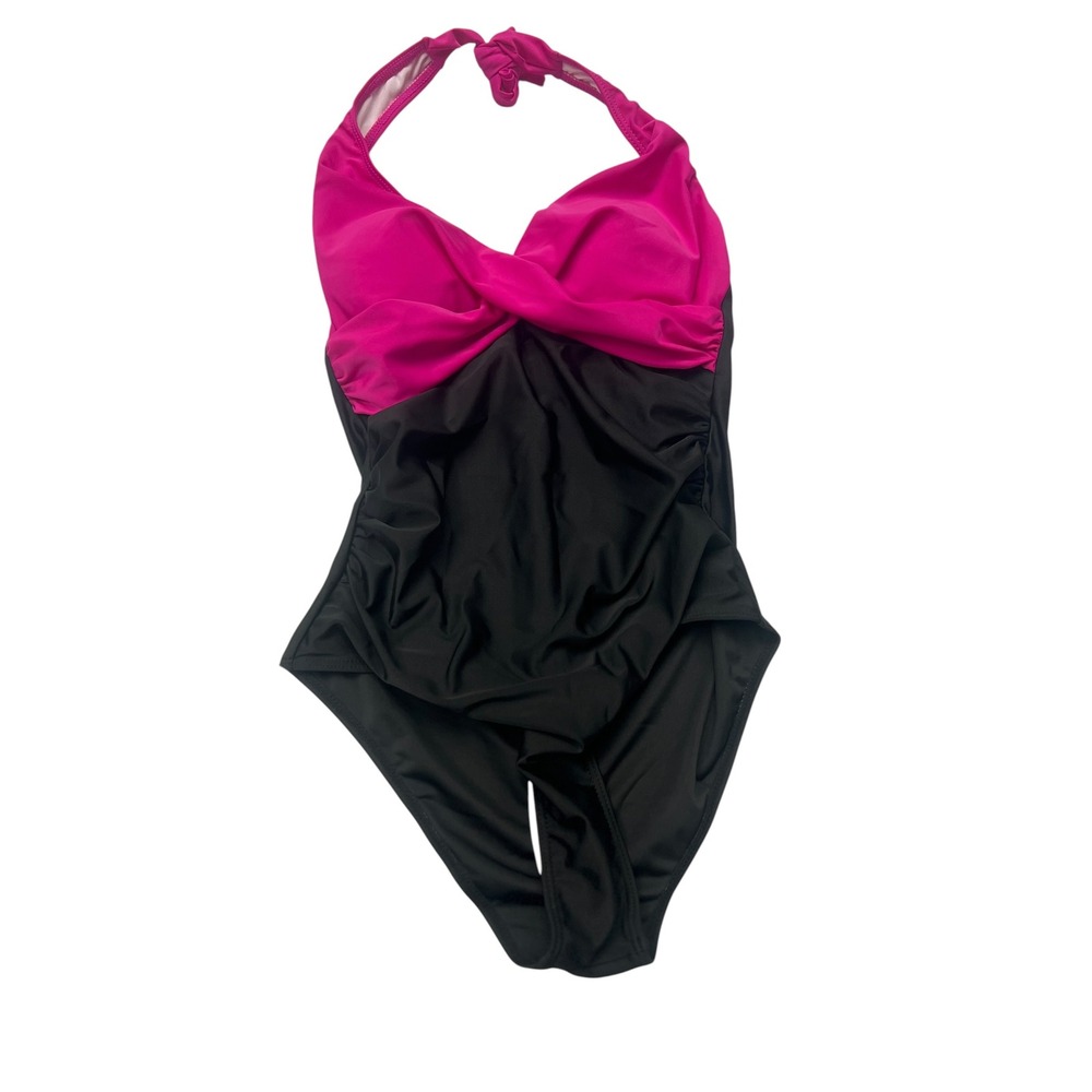 Womens Pink Black Twist Front Halter One Piece Swimsuit Size Small Colorblock